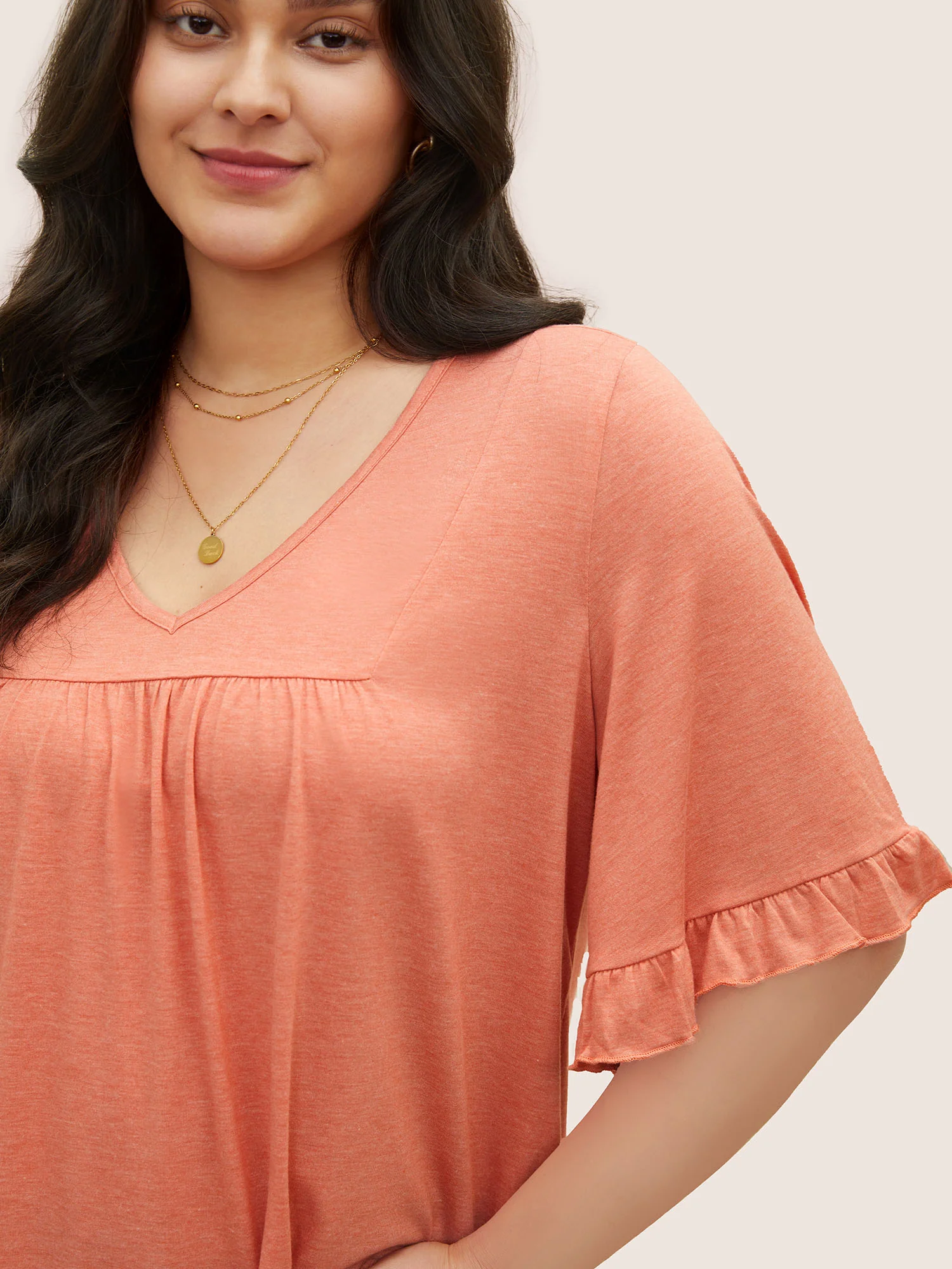 Solid Gathered Ruffle Trim Flounce Sleeve T-shirt - Image 4