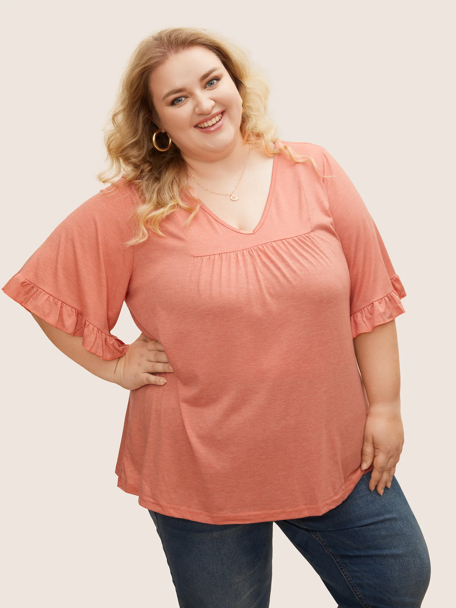 Solid Gathered Ruffle Trim Flounce Sleeve T-shirt - Image 7