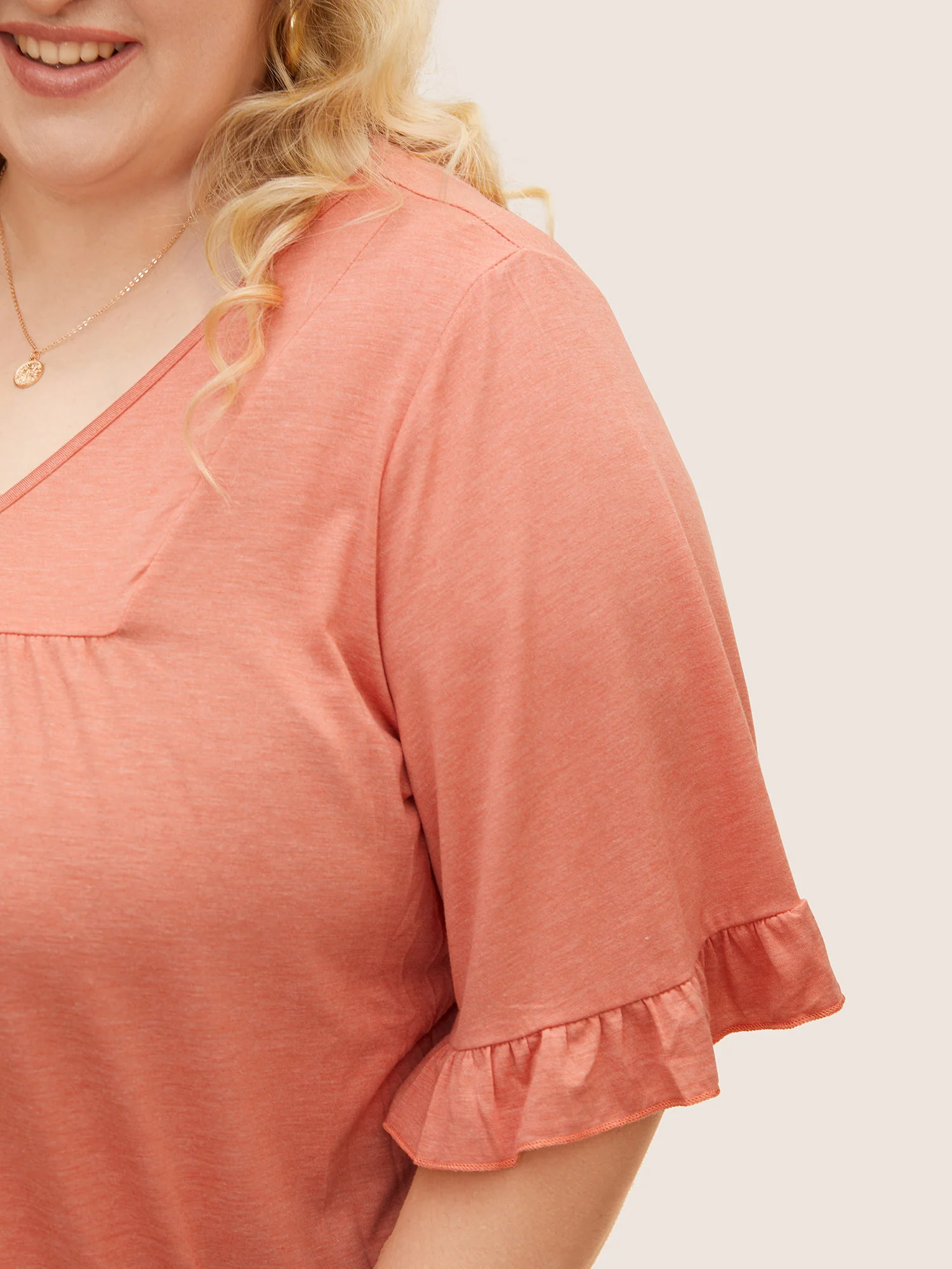 Solid Gathered Ruffle Trim Flounce Sleeve T-shirt - Image 9