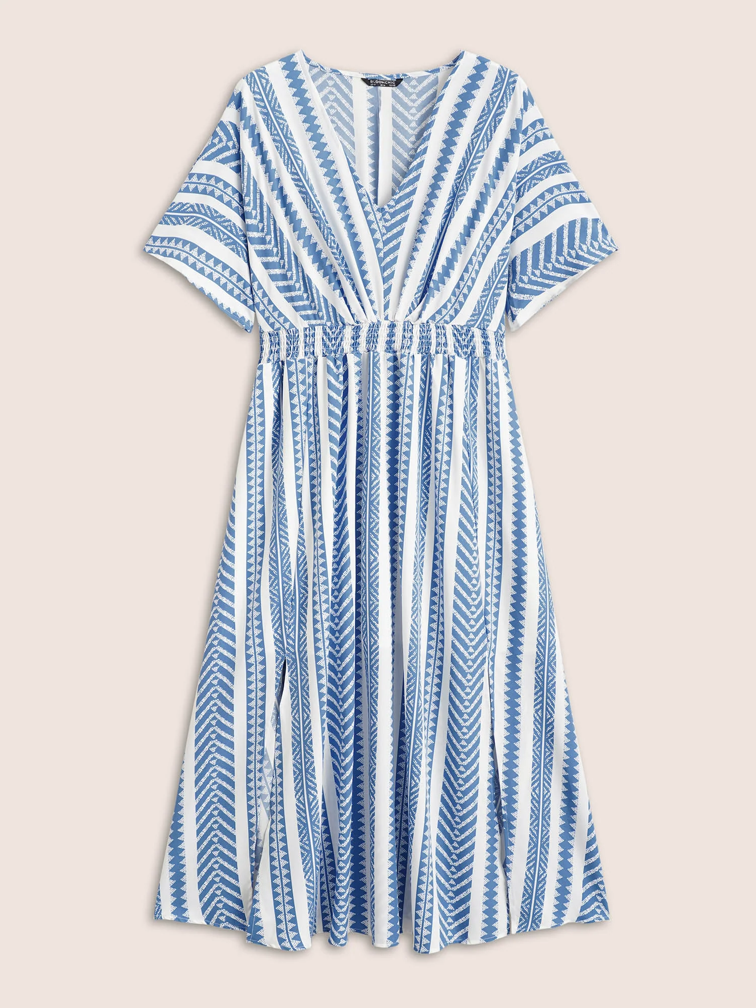 Solid Geometric Dolman Sleeve Pocket Shirred Split Hem Dress - Image 7