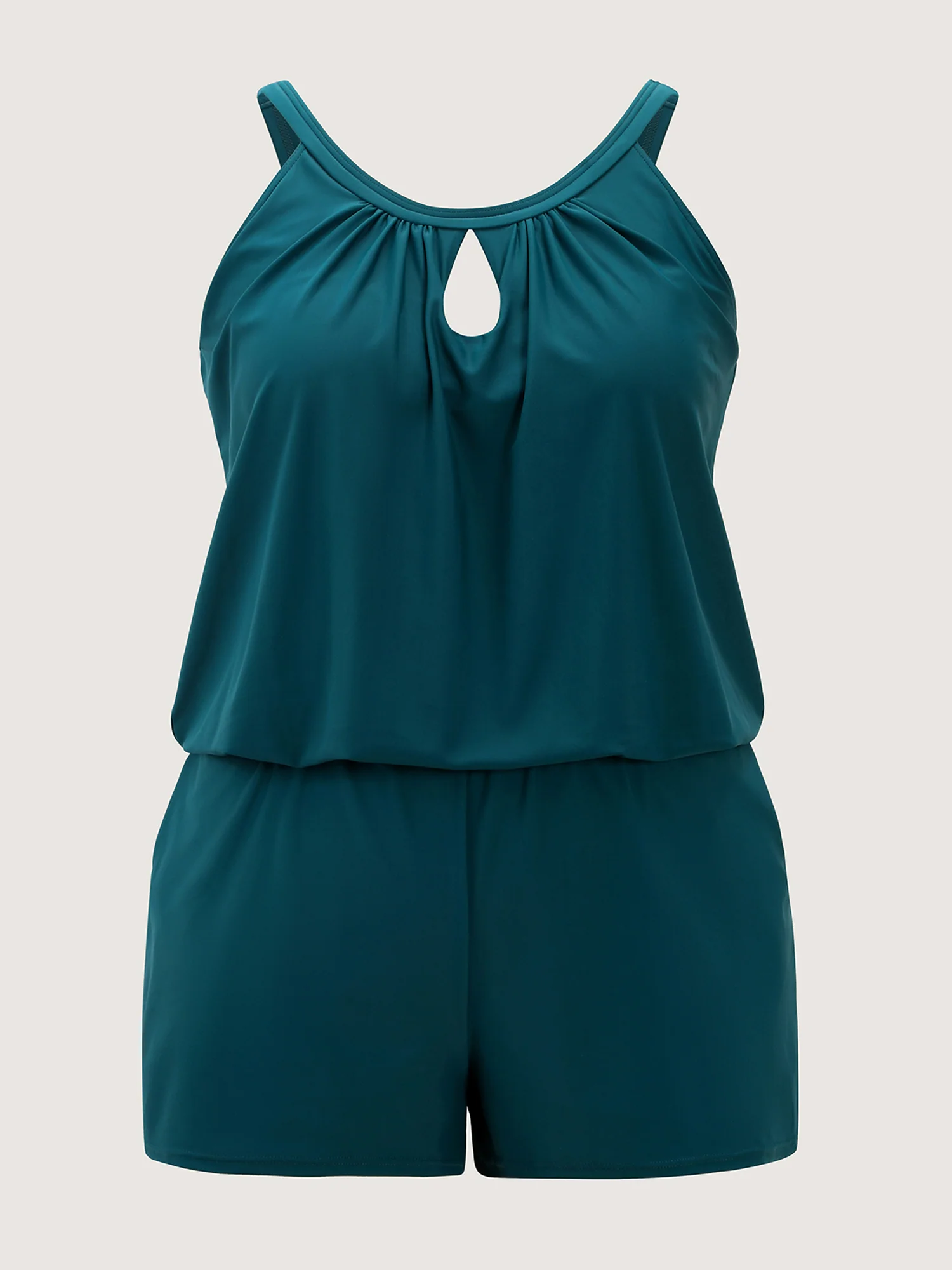 Solid Keyhole Elastic Waist Gathered One Piece Swimsuit - Image 12