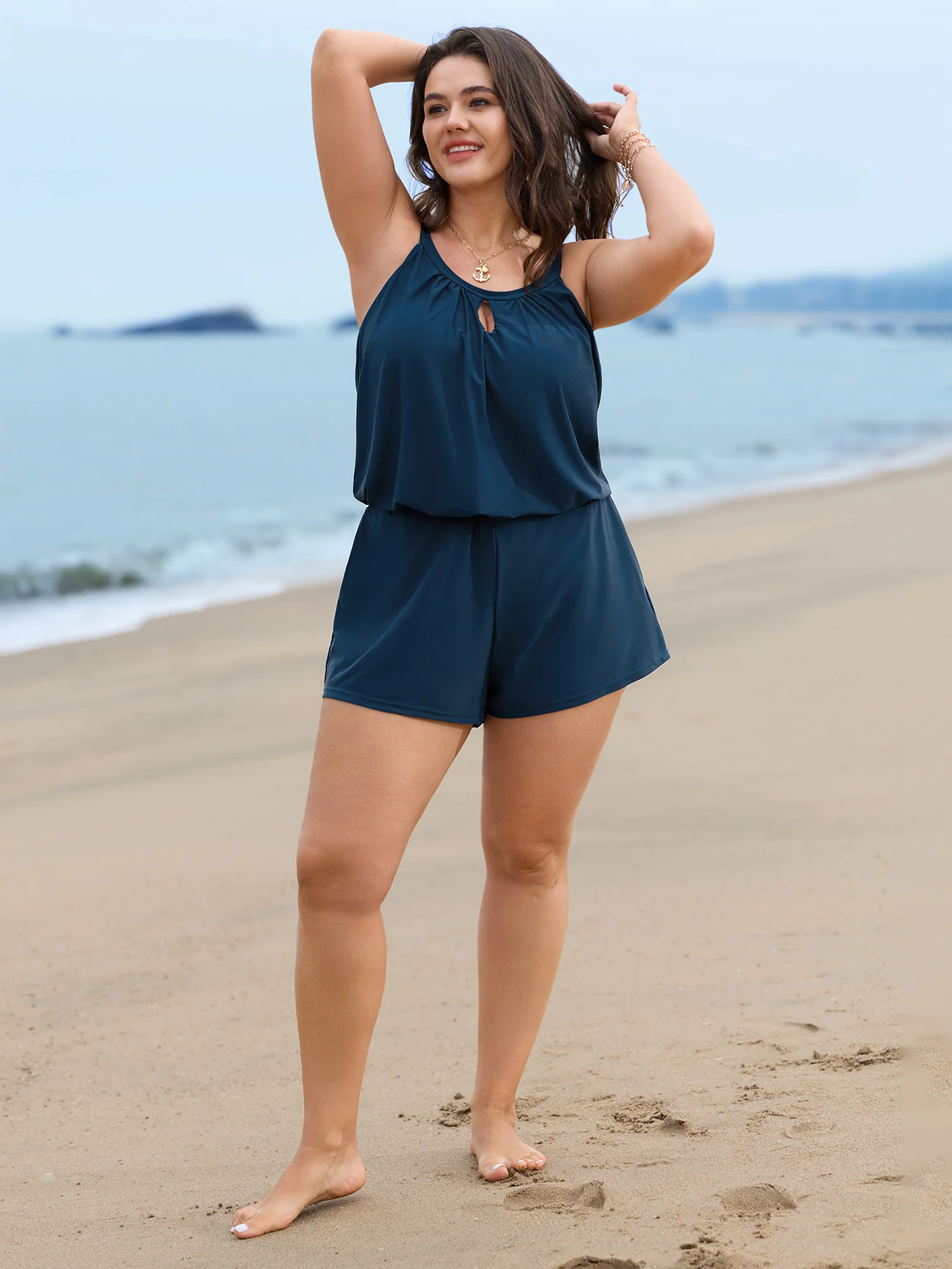 Solid Keyhole Elastic Waist Gathered One Piece Swimsuit - Image 15