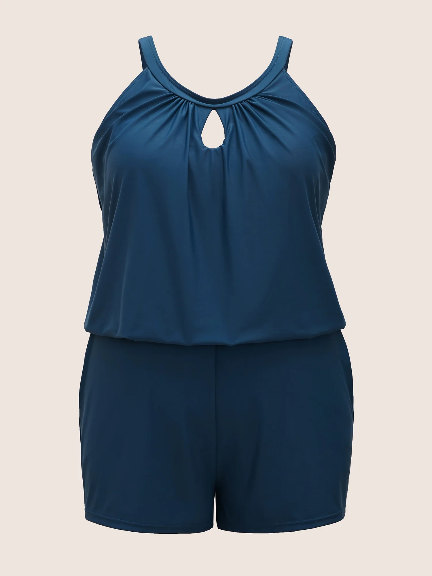 Solid Keyhole Elastic Waist Gathered One Piece Swimsuit - Image 21