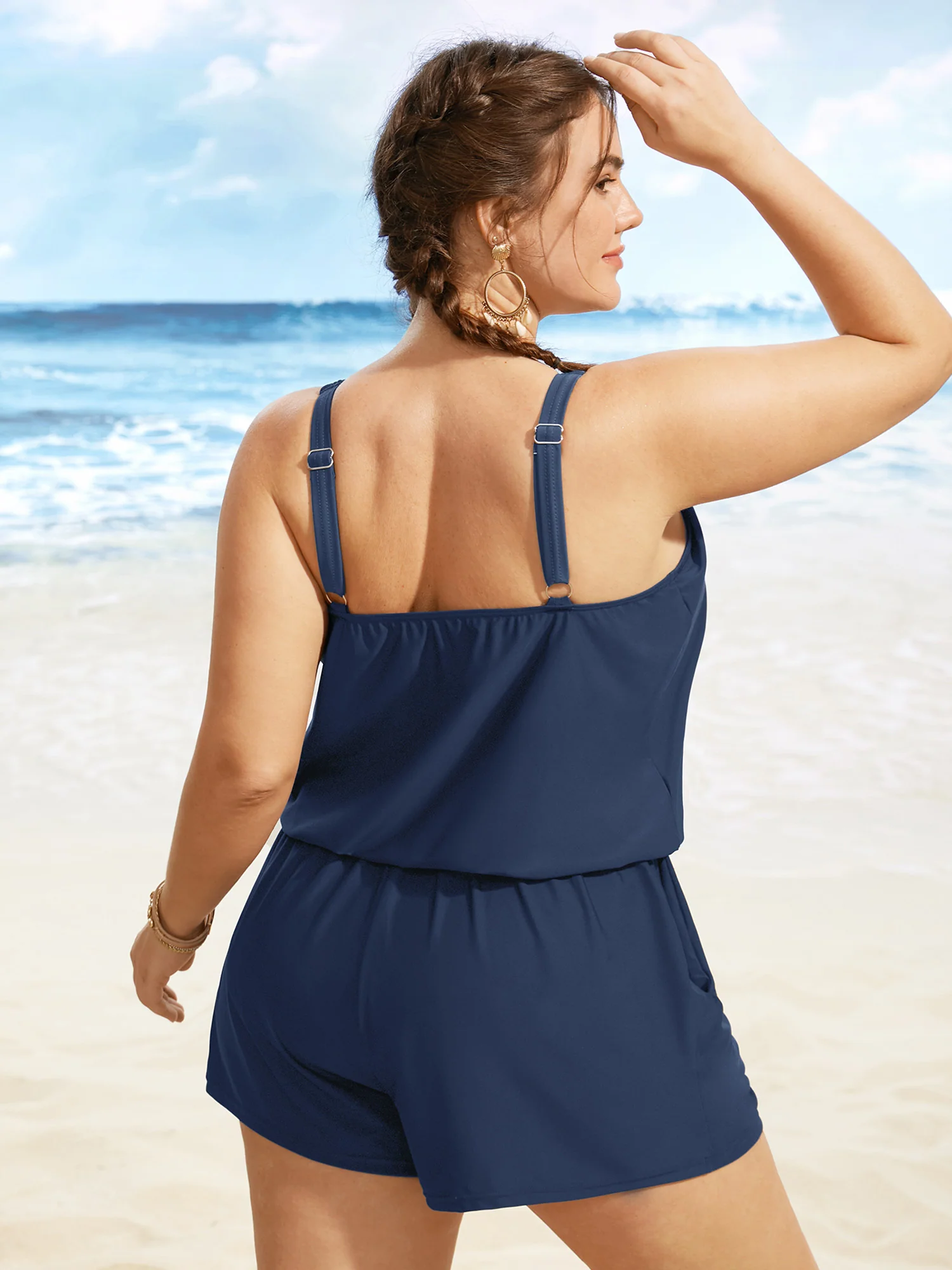 Solid Keyhole Elastic Waist Gathered One Piece Swimsuit - Image 29
