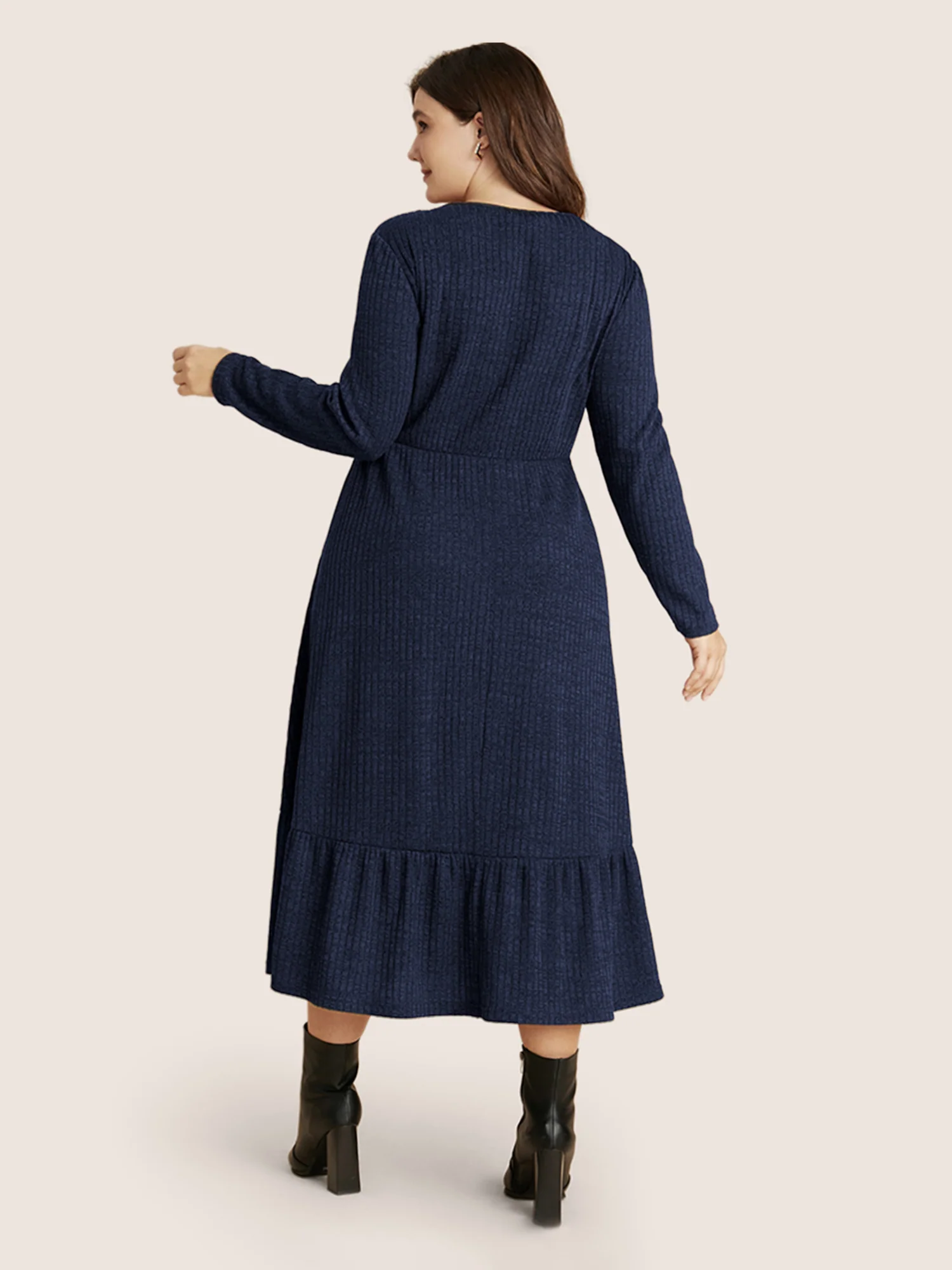 Solid Pocket Rib Knit Ruffle Hem Dress Without Belt - Image 20