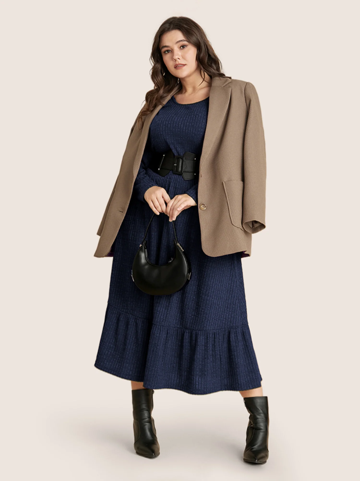 Solid Pocket Rib Knit Ruffle Hem Dress Without Belt - Image 21