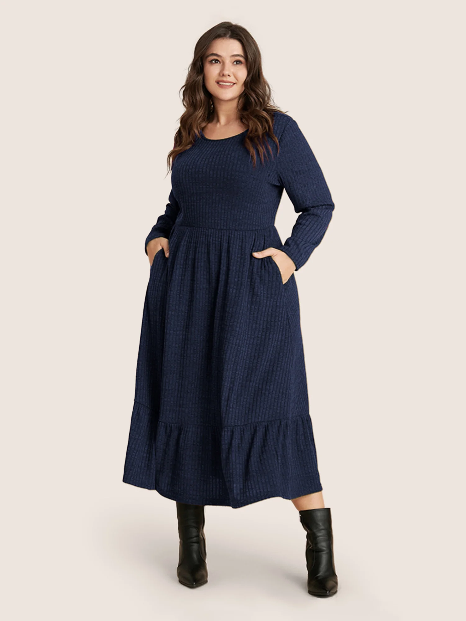 Solid Pocket Rib Knit Ruffle Hem Dress Without Belt - Image 22