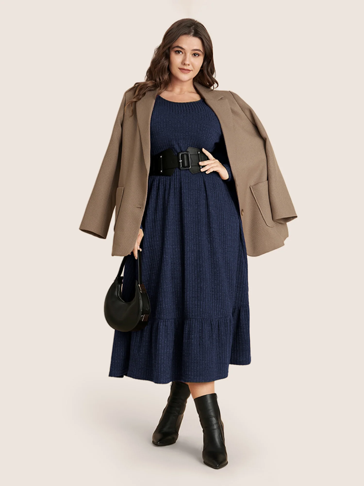 Solid Pocket Rib Knit Ruffle Hem Dress Without Belt - Image 23