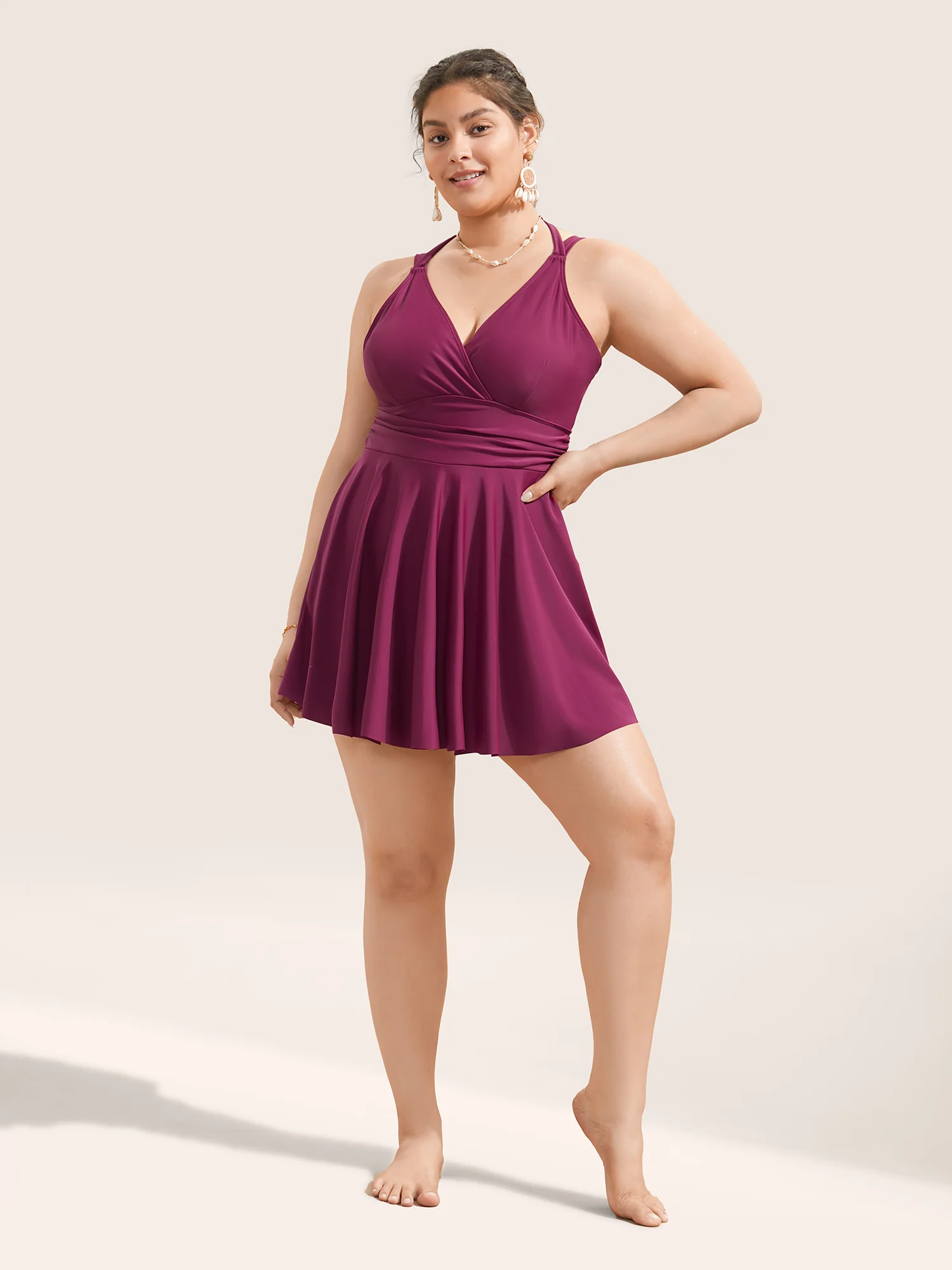 Solid Ruffle Hem Empire Waist Halter Neck Swim Dress - Image 3