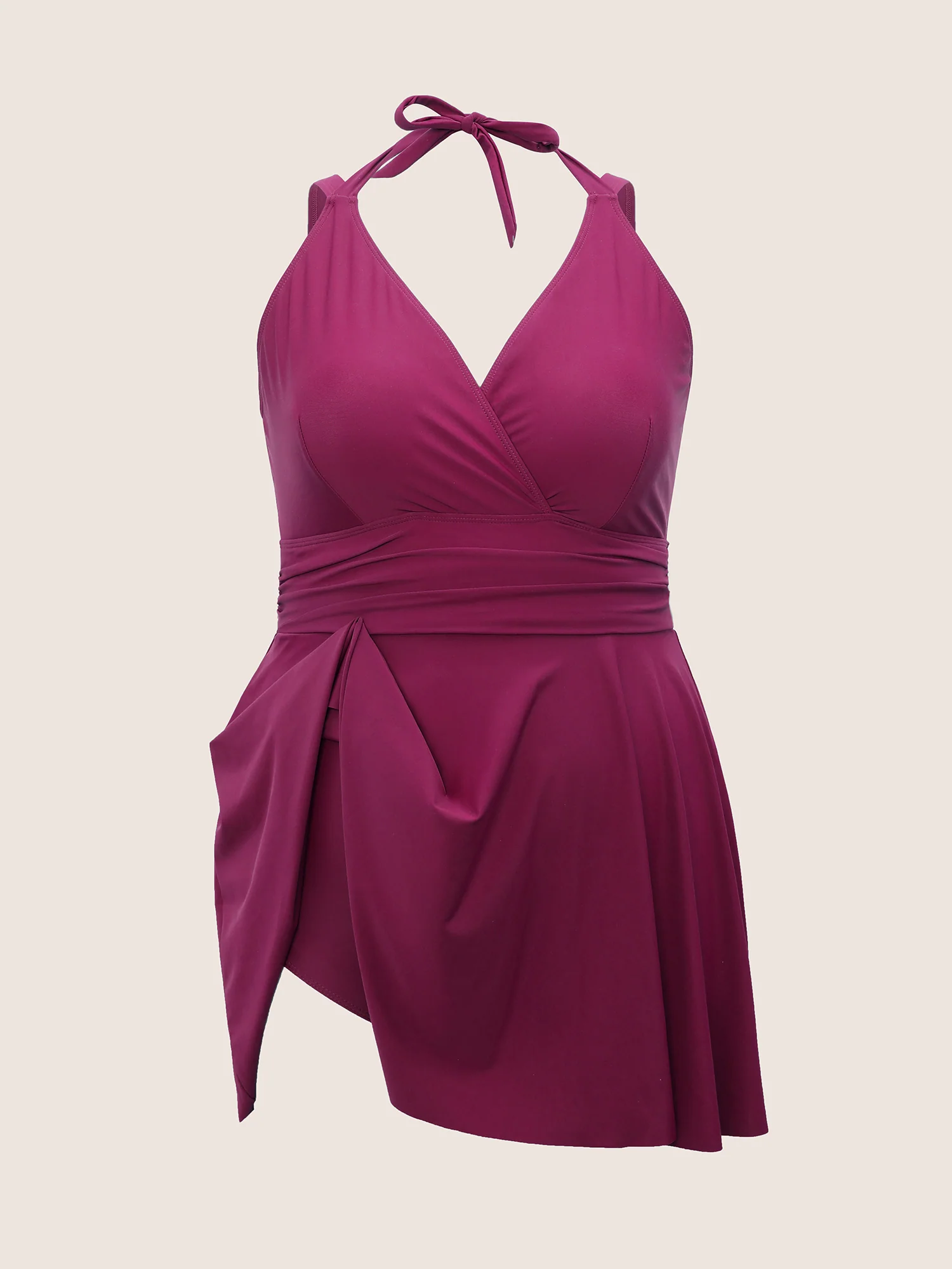 Solid Ruffle Hem Empire Waist Halter Neck Swim Dress - Image 6