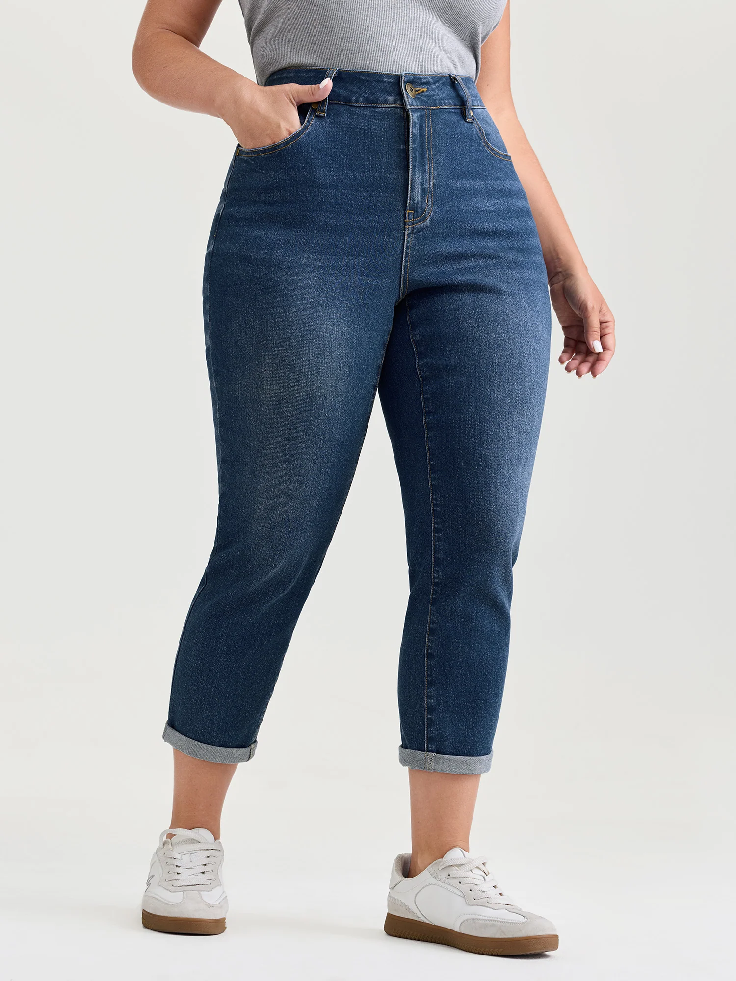 Stretchy High Rise Folded Hem Jeans
