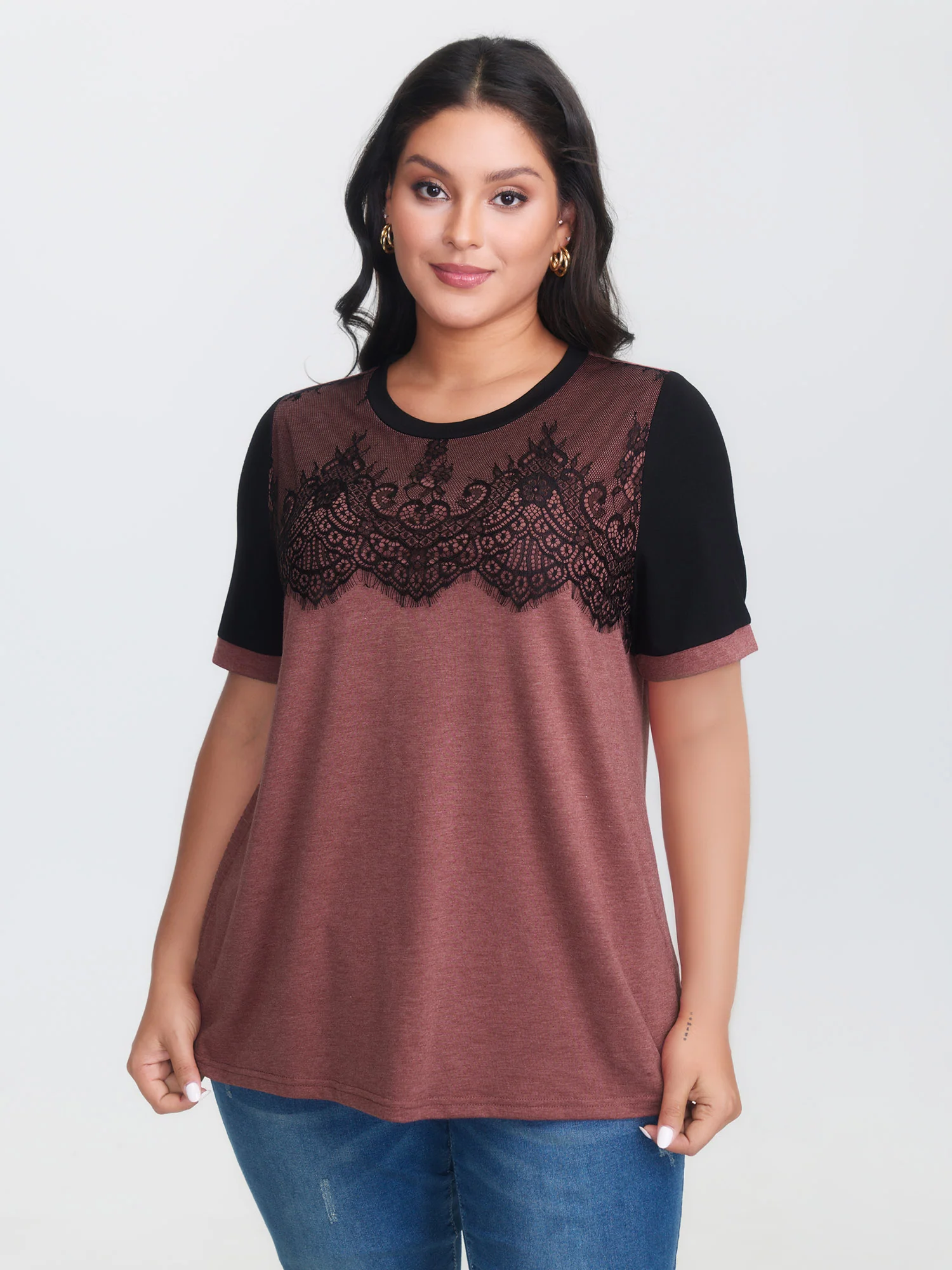 Stretchy Scalloped Lace Color Contrast T-Shirt - Image 2