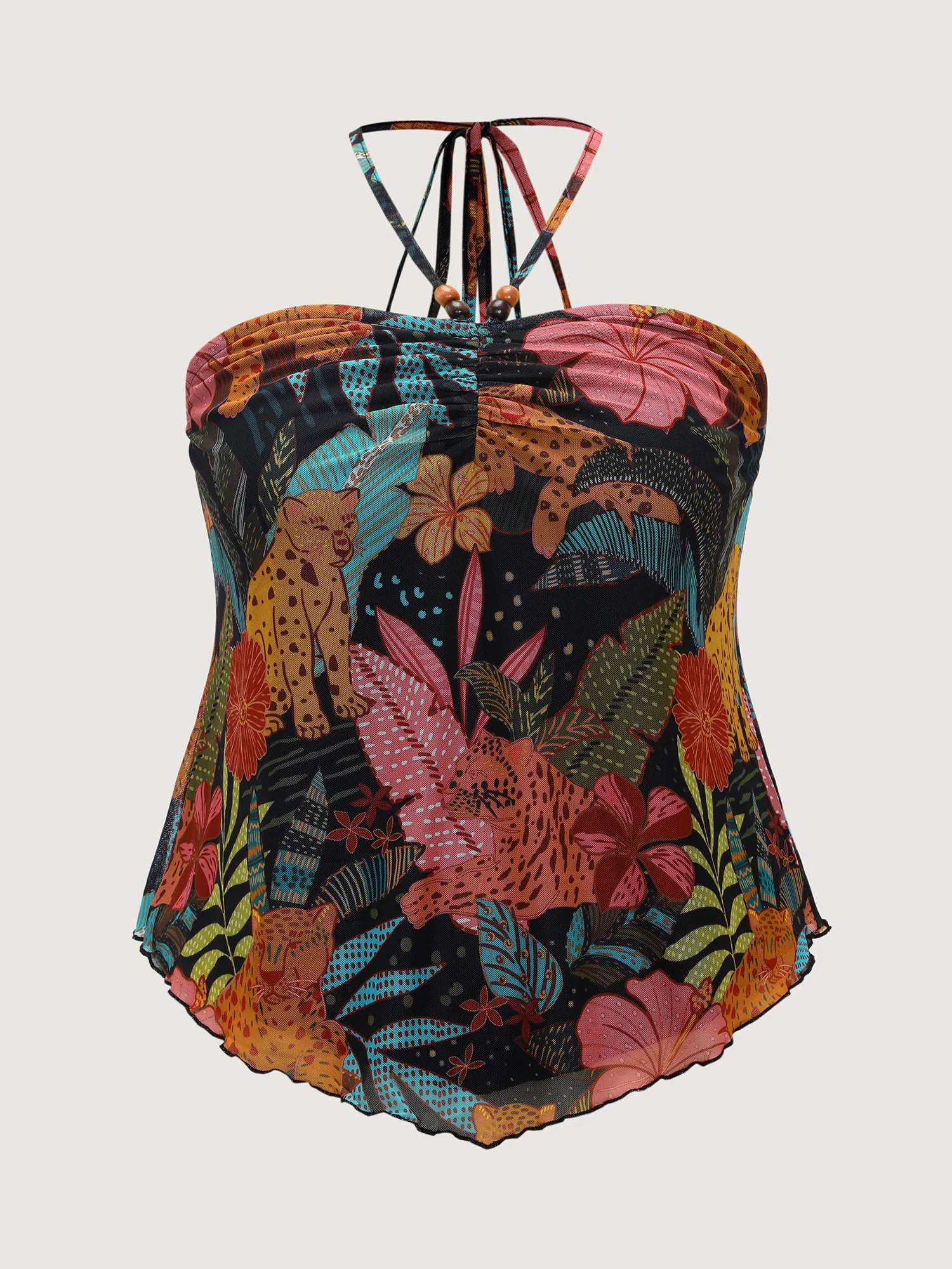 Stretchy Tropical Print Neck-Tie Jersey Top - Image 8