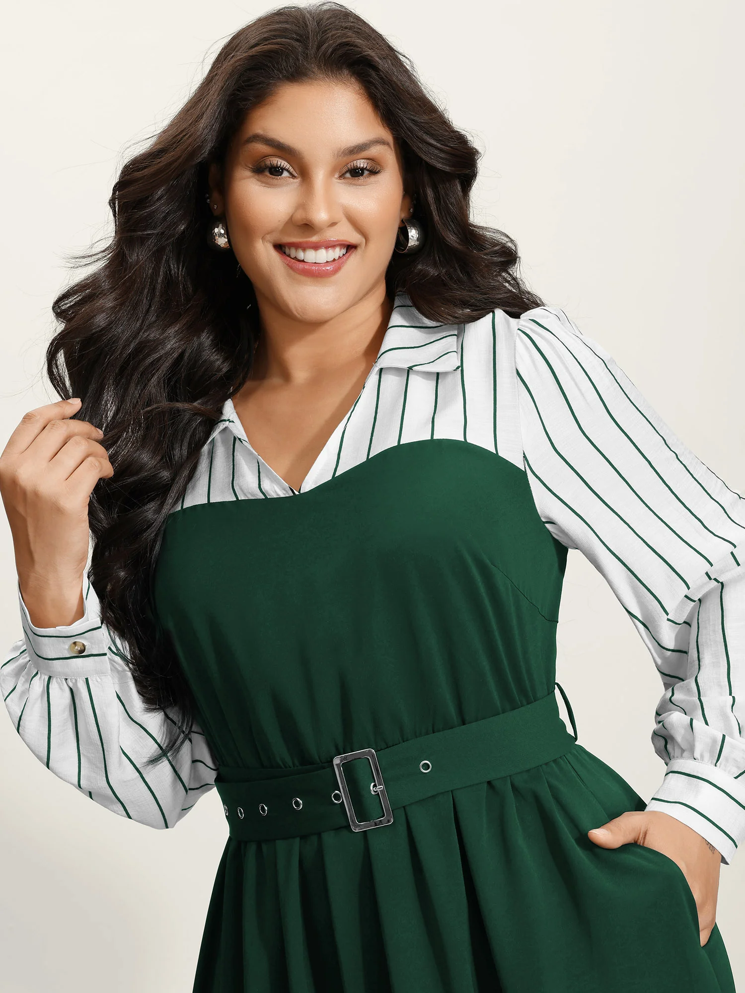 Stripe Print Belted Pockets Maxi Dress - Image 2