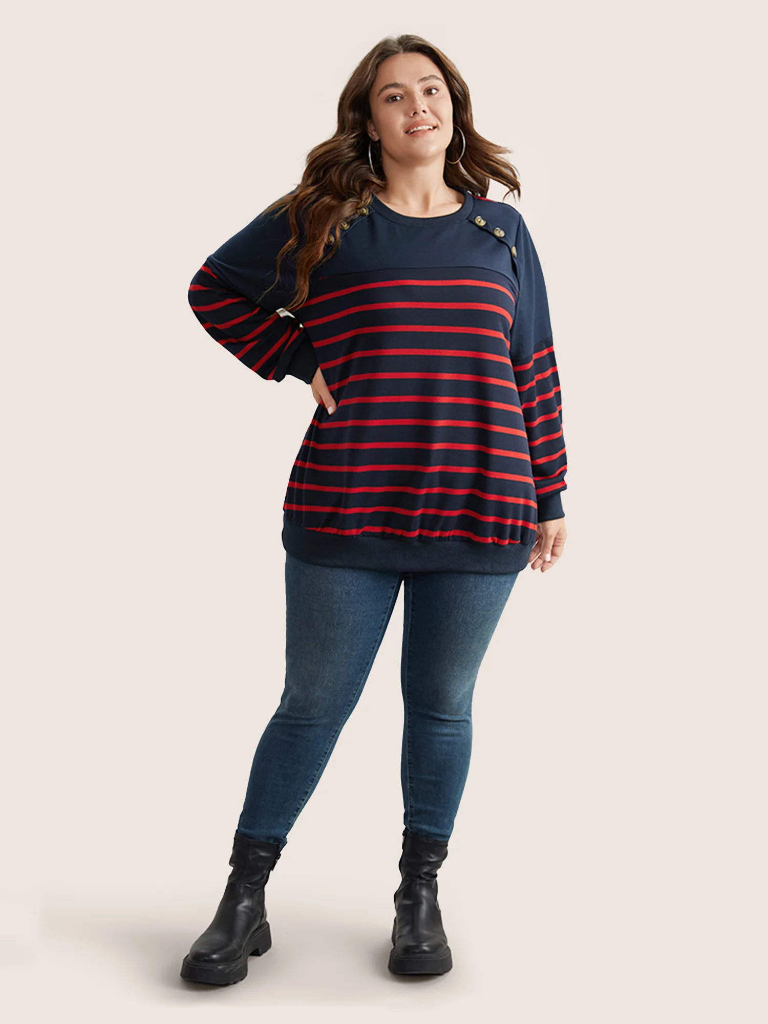 Striped Patchwork Button Detail Sweatshirt - Image 2