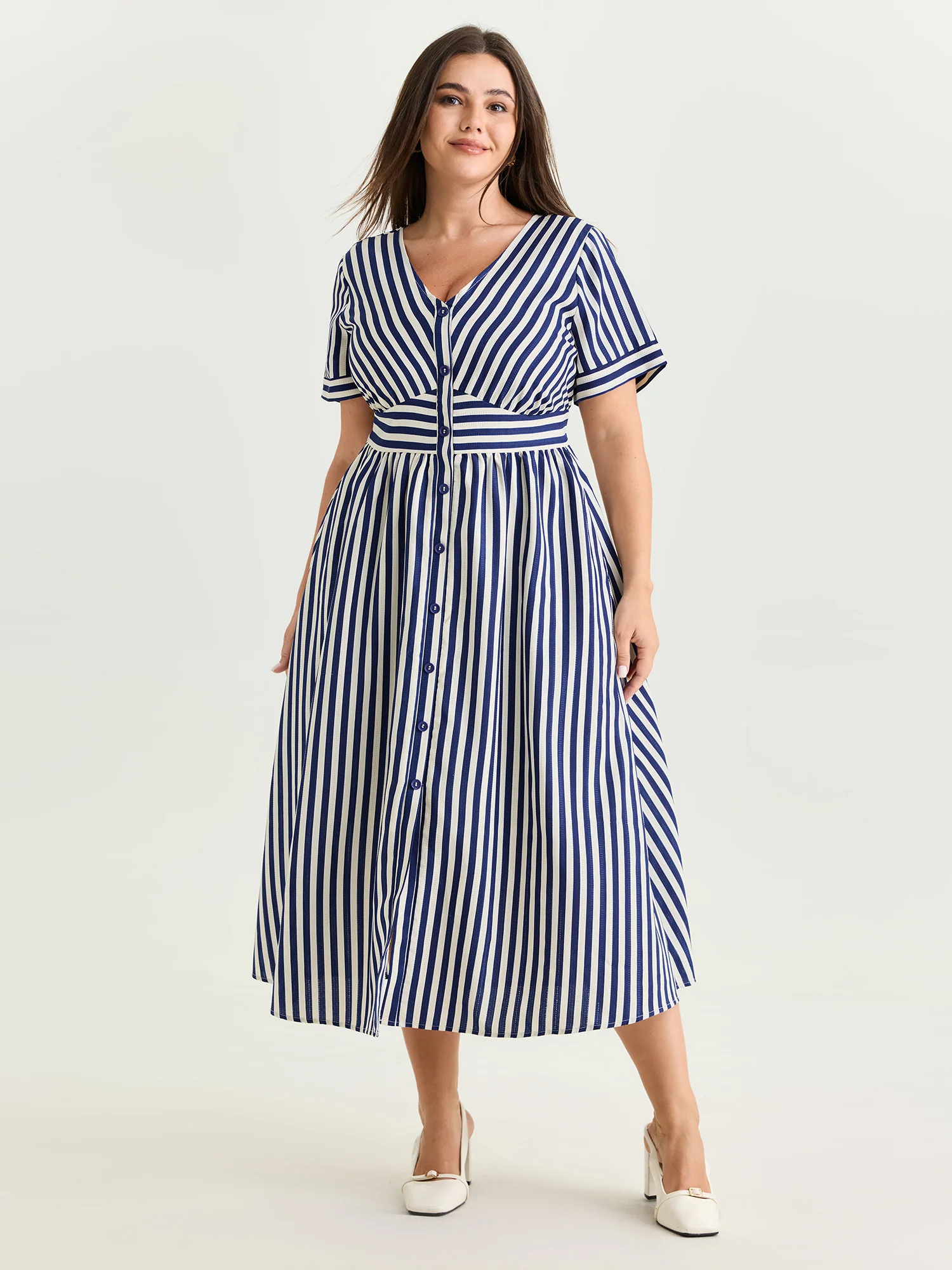 Striped Print Shirred Button Detail Midi Dress