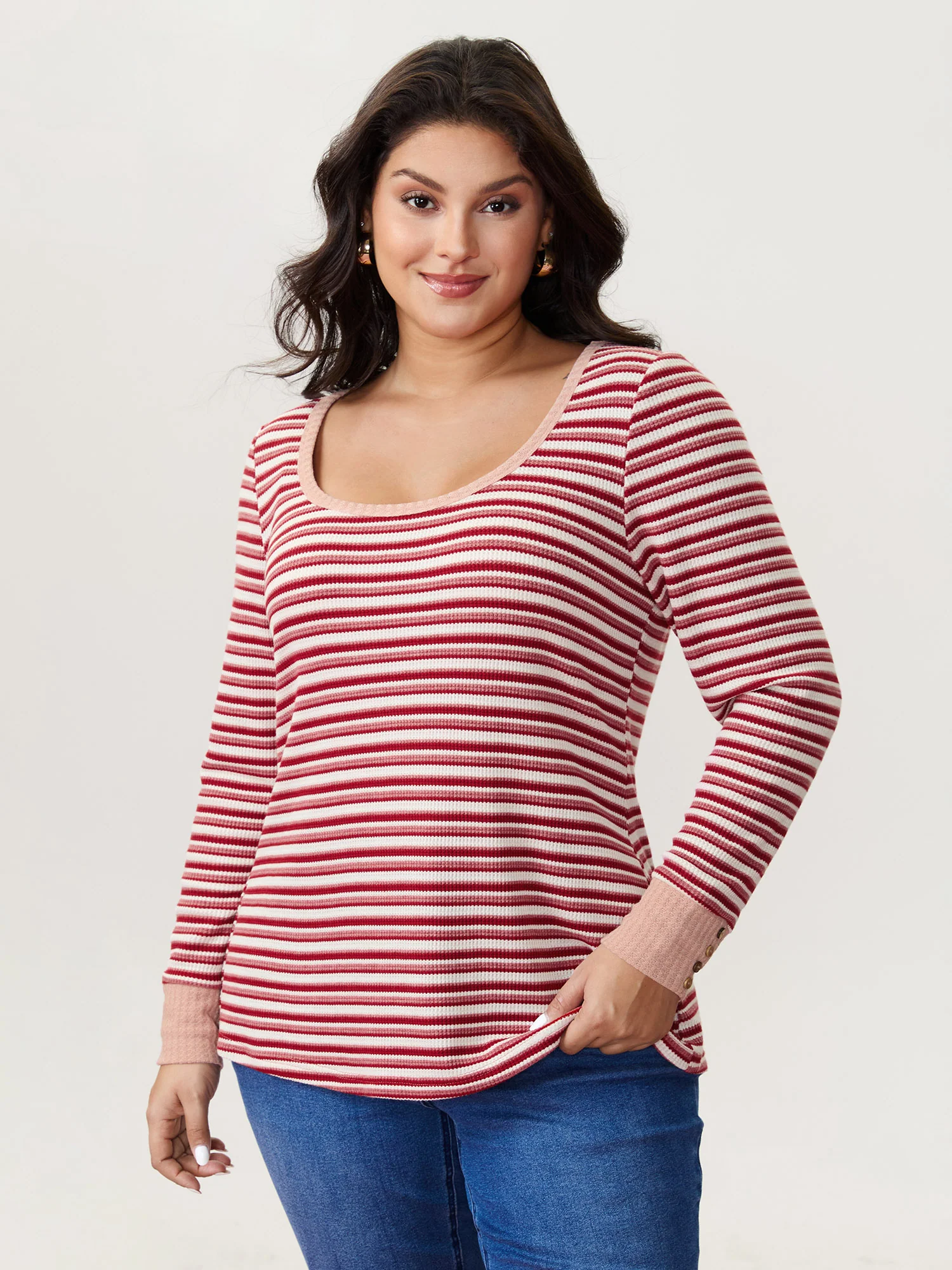 Striped Ribbed Scoop Button T-Shirt