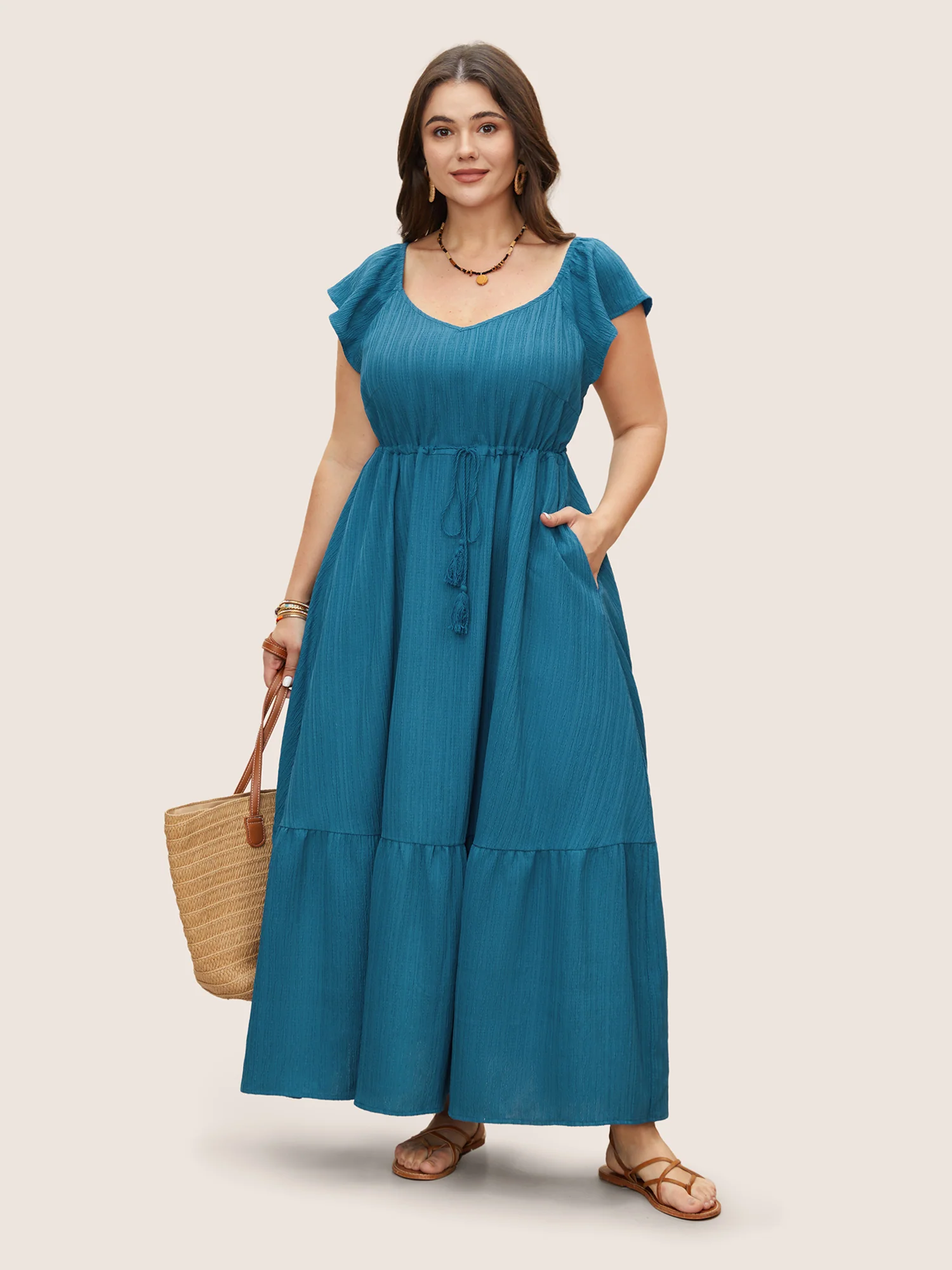 Texture Drawstring Tie Knot Tassels Dress - Image 2