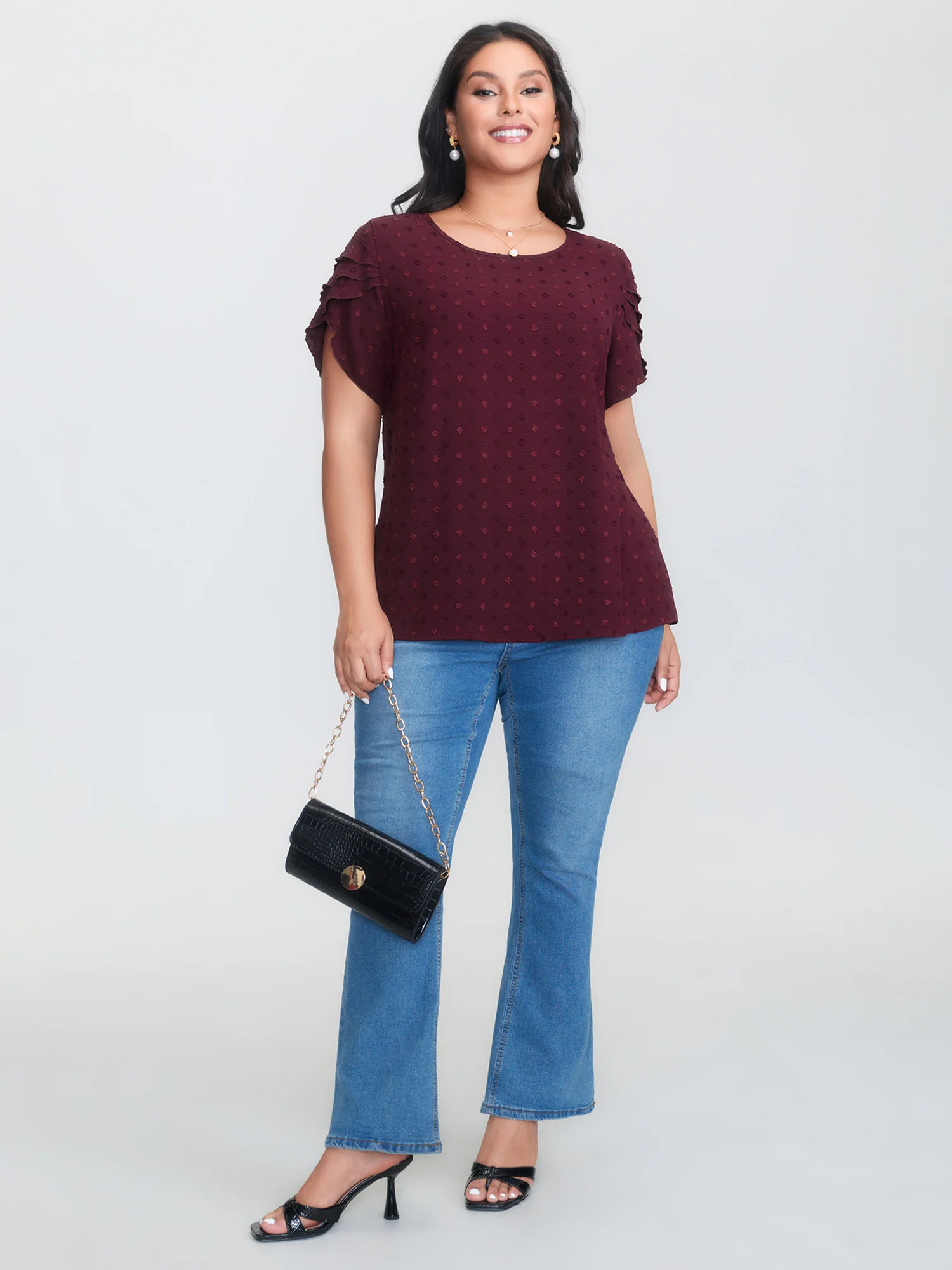 Textured Color Contrast Petal Sleeve Blouse - Image 11