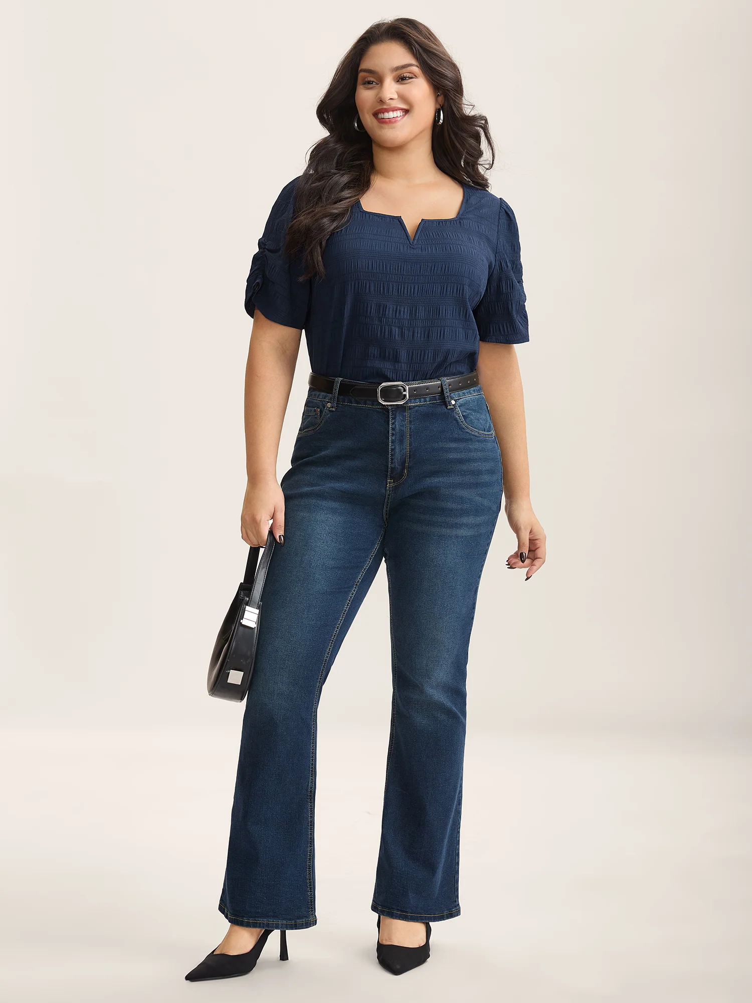 Textured Gathered Sleeve Split Neck Blouse - Image 3