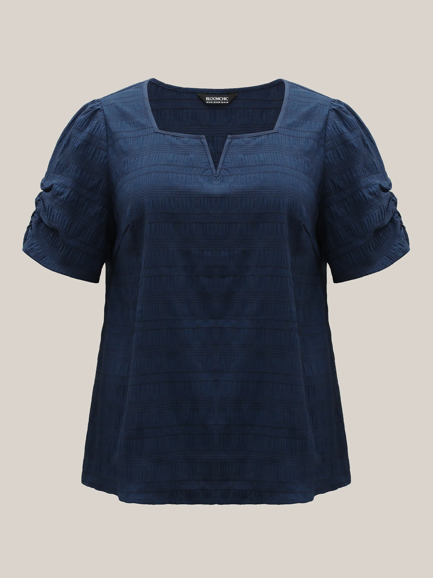 Textured Gathered Sleeve Split Neck Blouse - Image 7