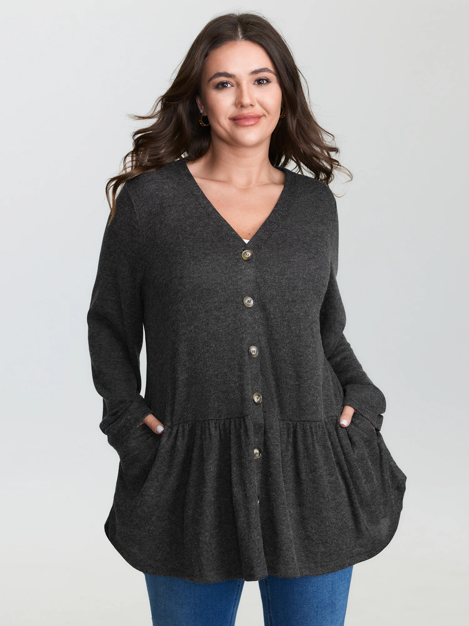 Textured Ruffled Hem Button Kimono