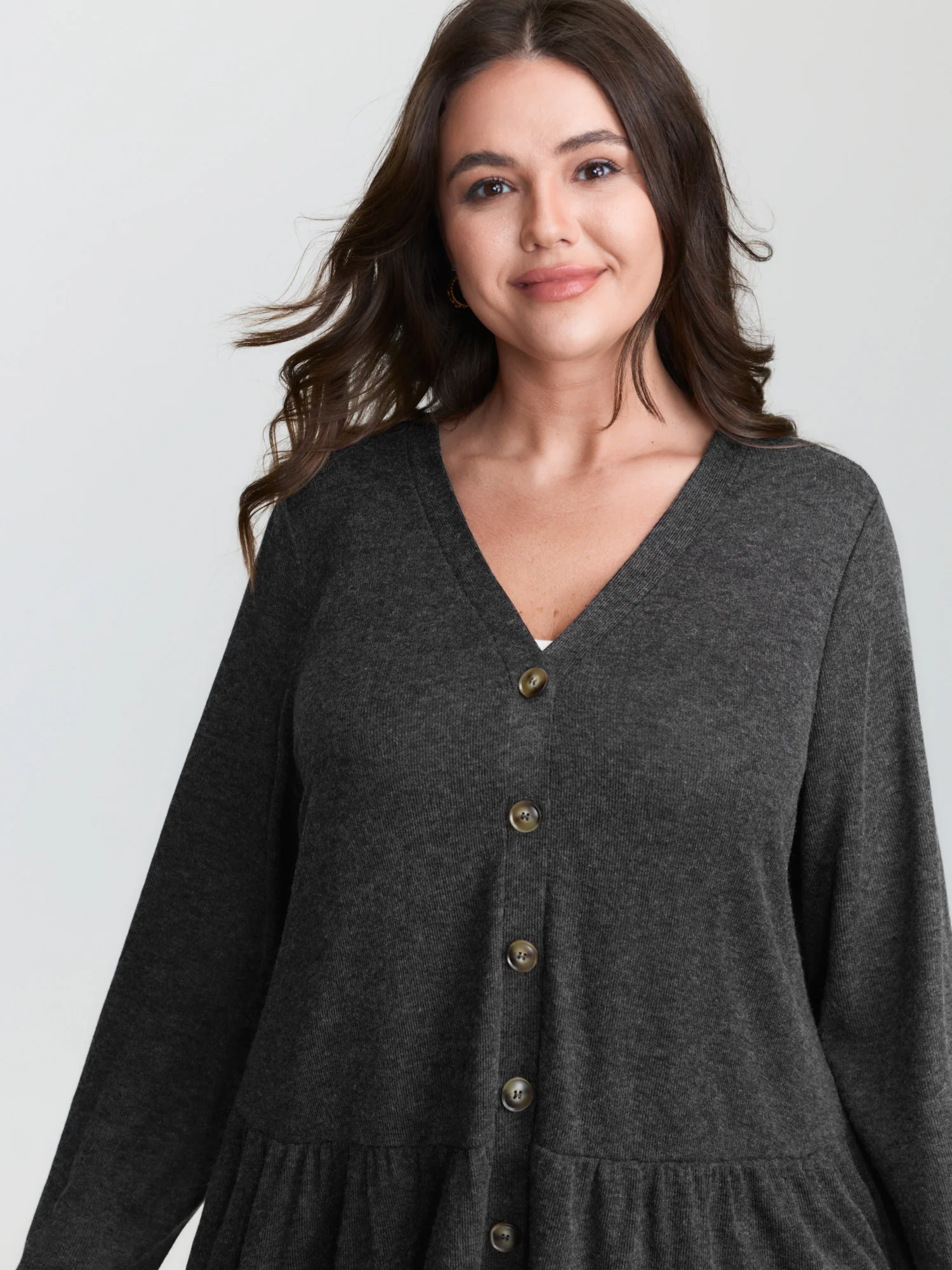 Textured Ruffled Hem Button Kimono - Image 2