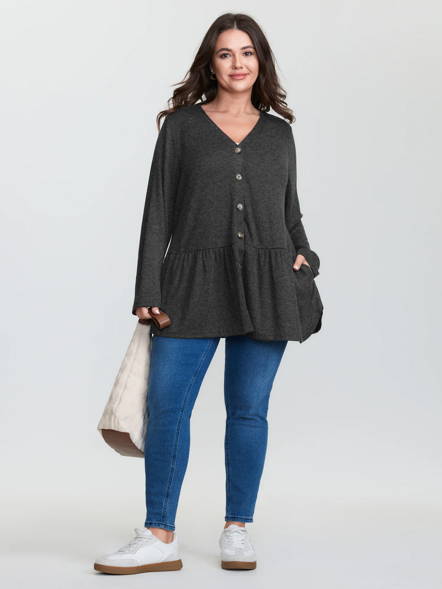 Textured Ruffled Hem Button Kimono - Image 3