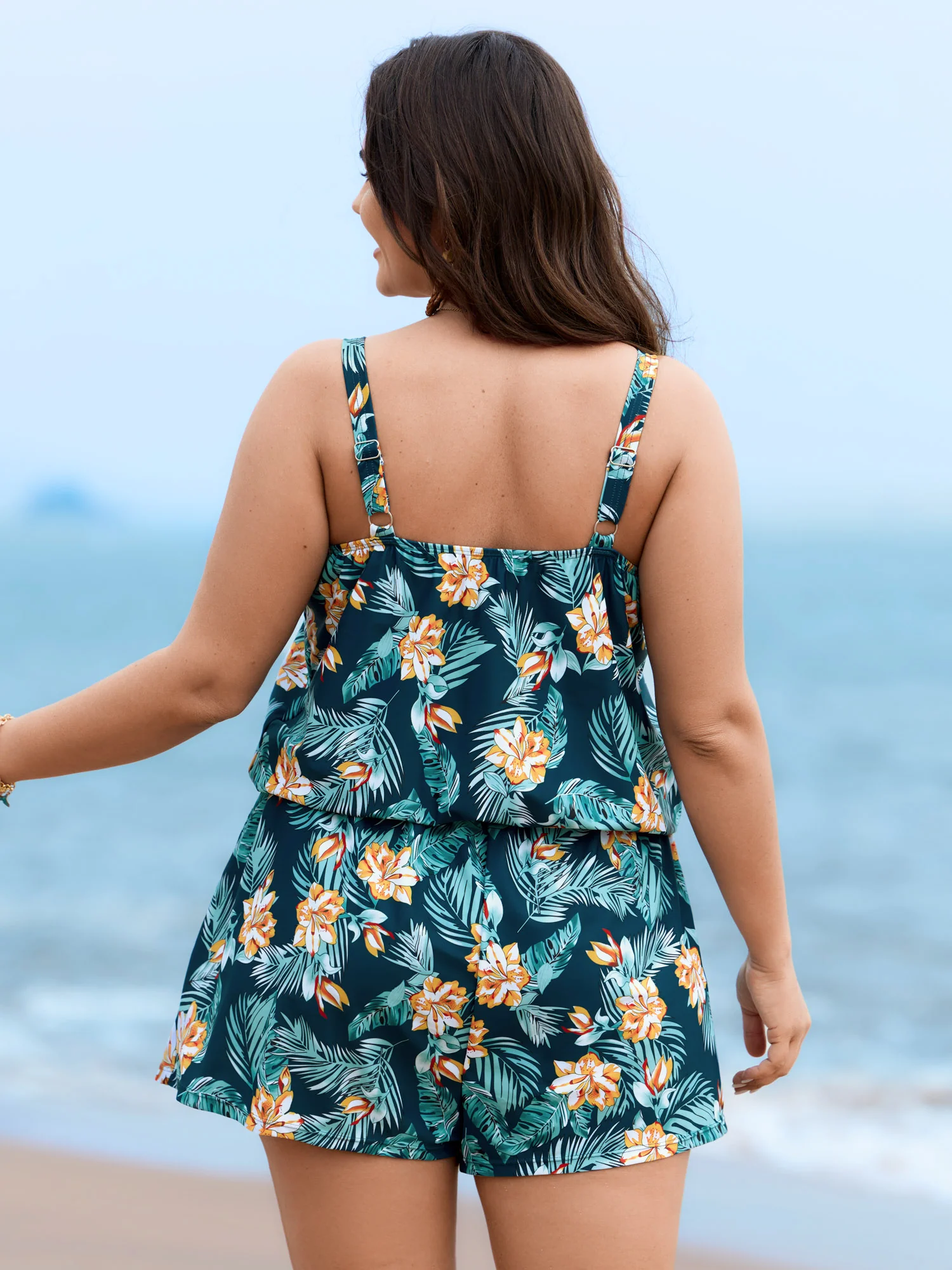 Tropical Flower Print Pockets One-Piece Swimsuit - Image 60