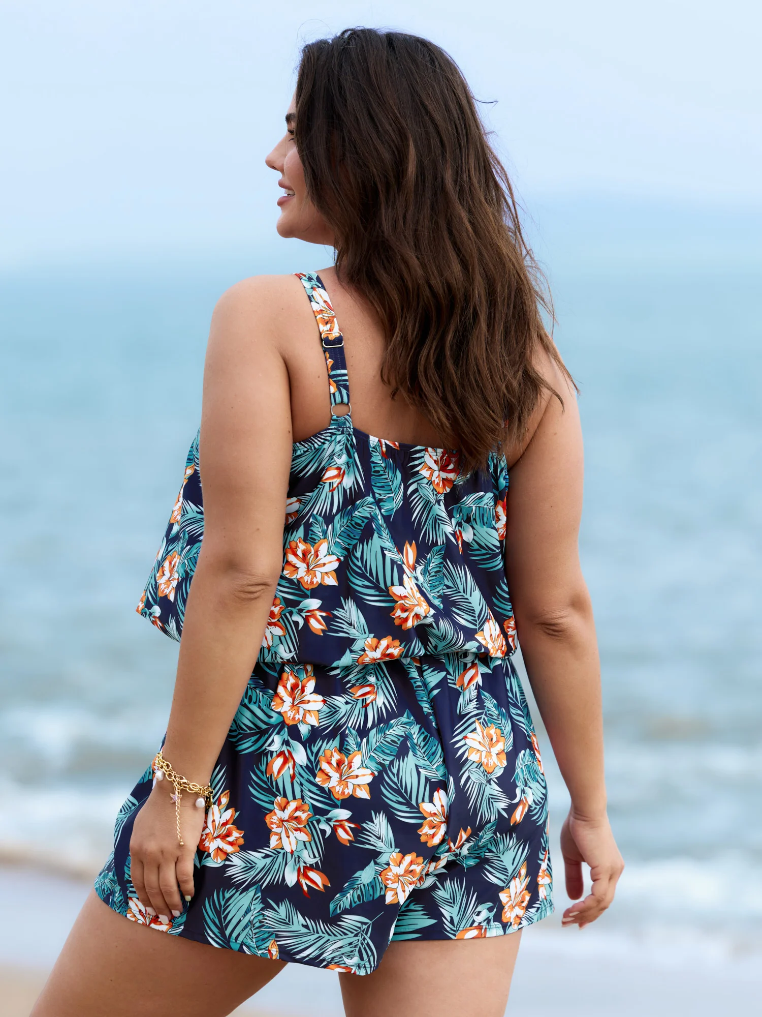Tropical Flower Print Pockets One-Piece Swimsuit - Image 69