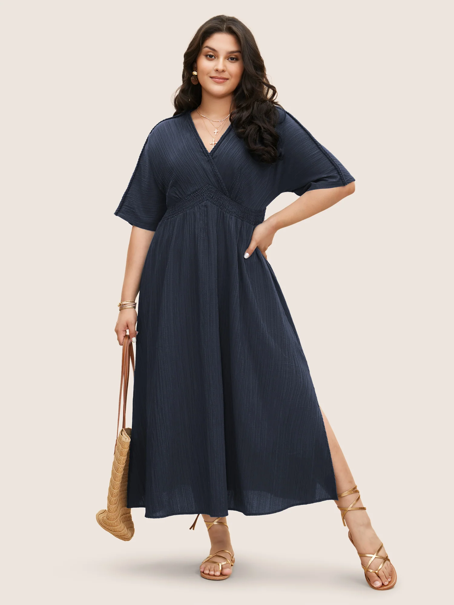 V Neck Shirred Contrast Webbing Split Side Dress - Image 12