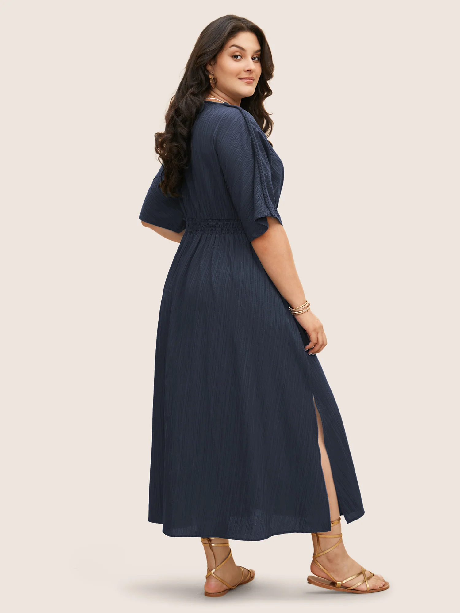 V Neck Shirred Contrast Webbing Split Side Dress - Image 15