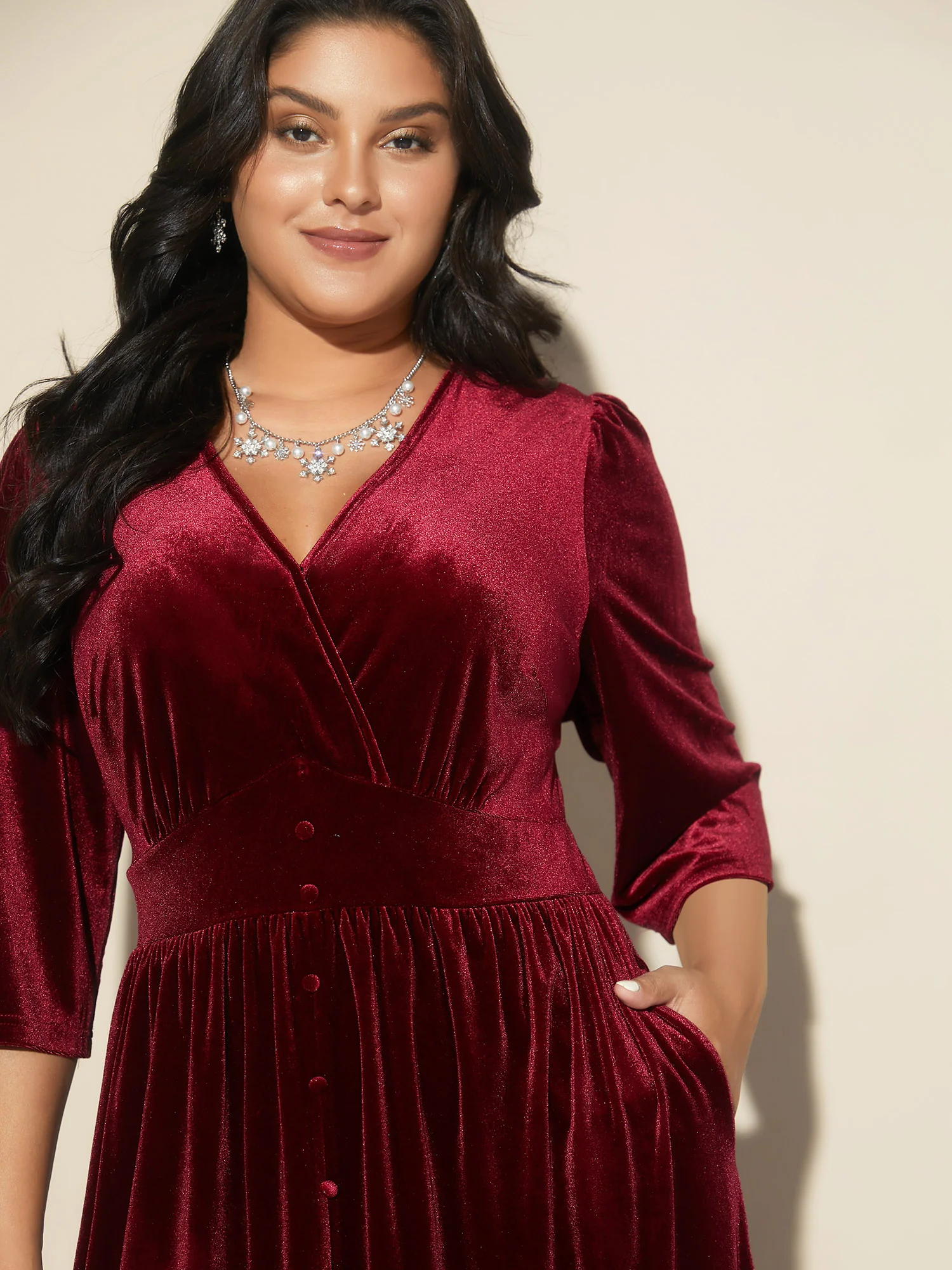 Velvet Ruched Surplice Neckline Midi Dress - Image 2