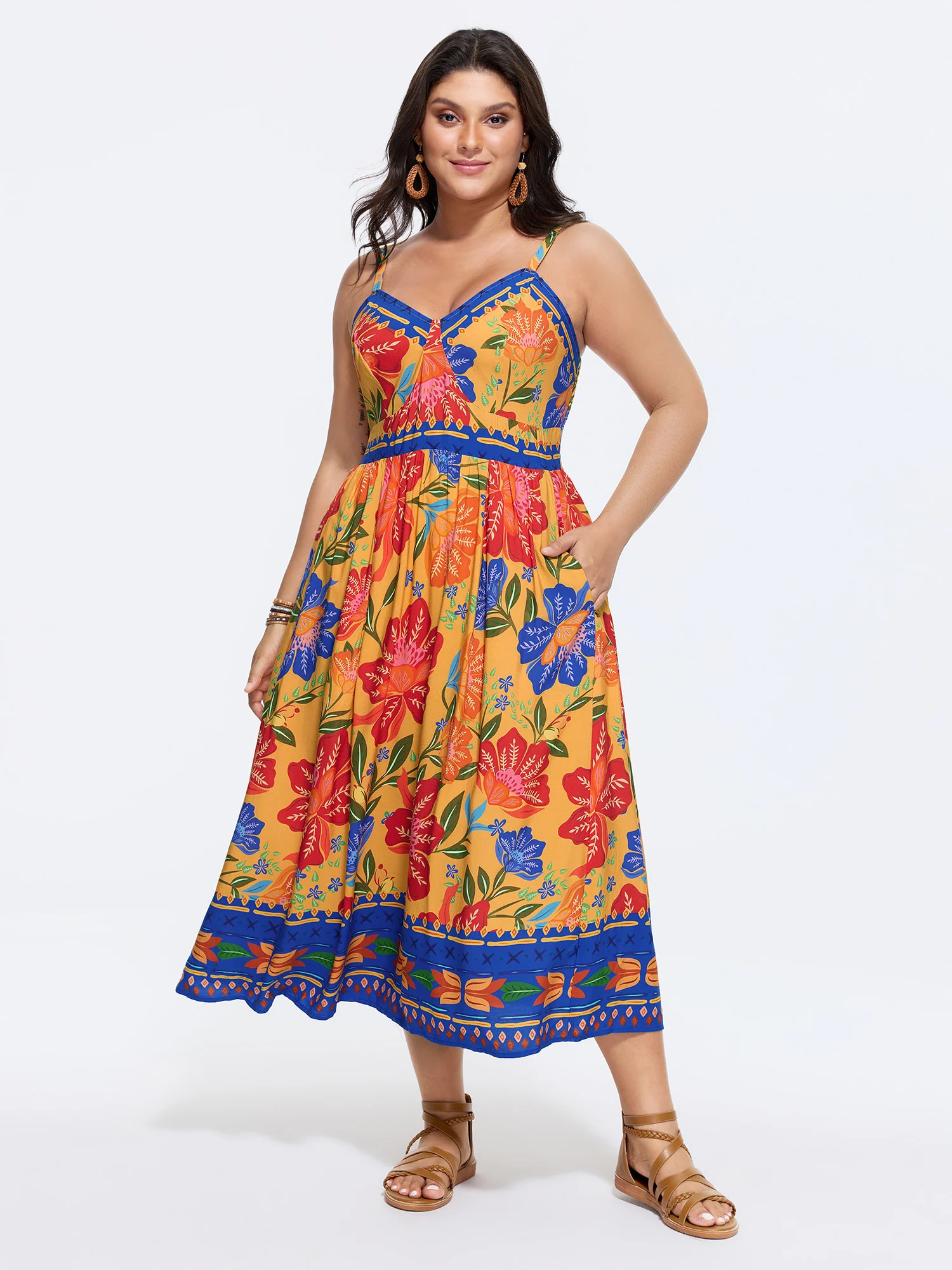 Vibrant Floral Print Pockets Cami Midi Dress